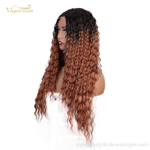 Vigorous High Quality Temperature Root Black Ombre Brown Small Lace Frontal Deep Wave Synthetic Hair Wig For Women